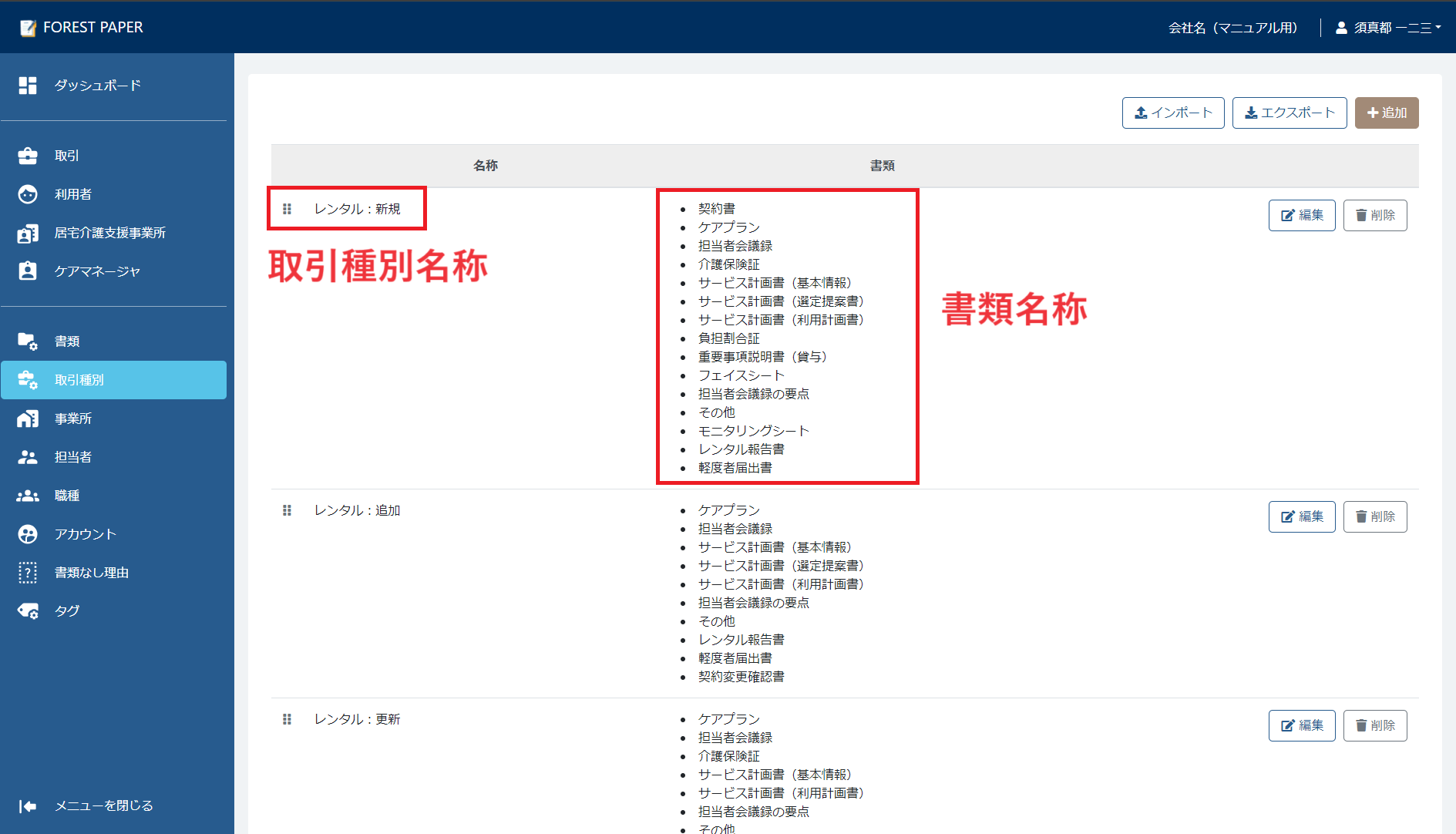 取引種別に登録されている各書類 取引種別に登録されている各書類